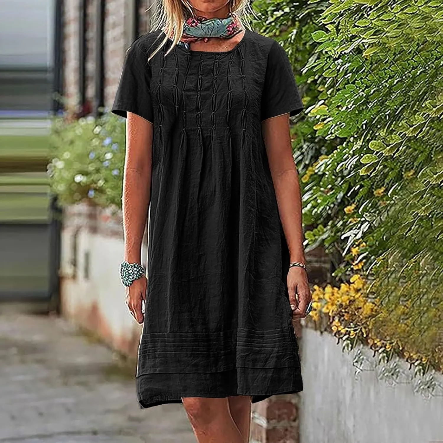 Womens Cotton Linen Midi Dress Summer Solid Color Short Sleeve Crew Neck T-Shirt Plus Size Flowy Beach Dress