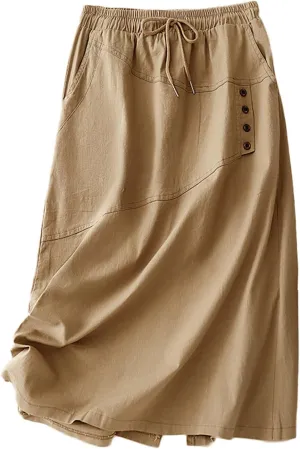 Womens Cotton Linen Skirts Summer Drawstring High Waist Button Down Midi Skirts Casual Vintage Solid Color Skirts