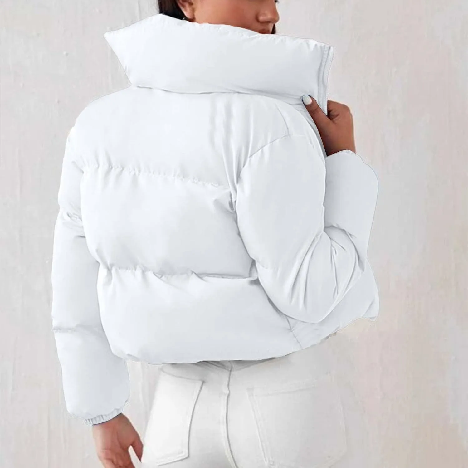 Women's Cropped Puffer Jacket 2024 Winter Long Sleeve Zip Parkas Pockets Baggy Short Down Coats Warm Quilted Jacket