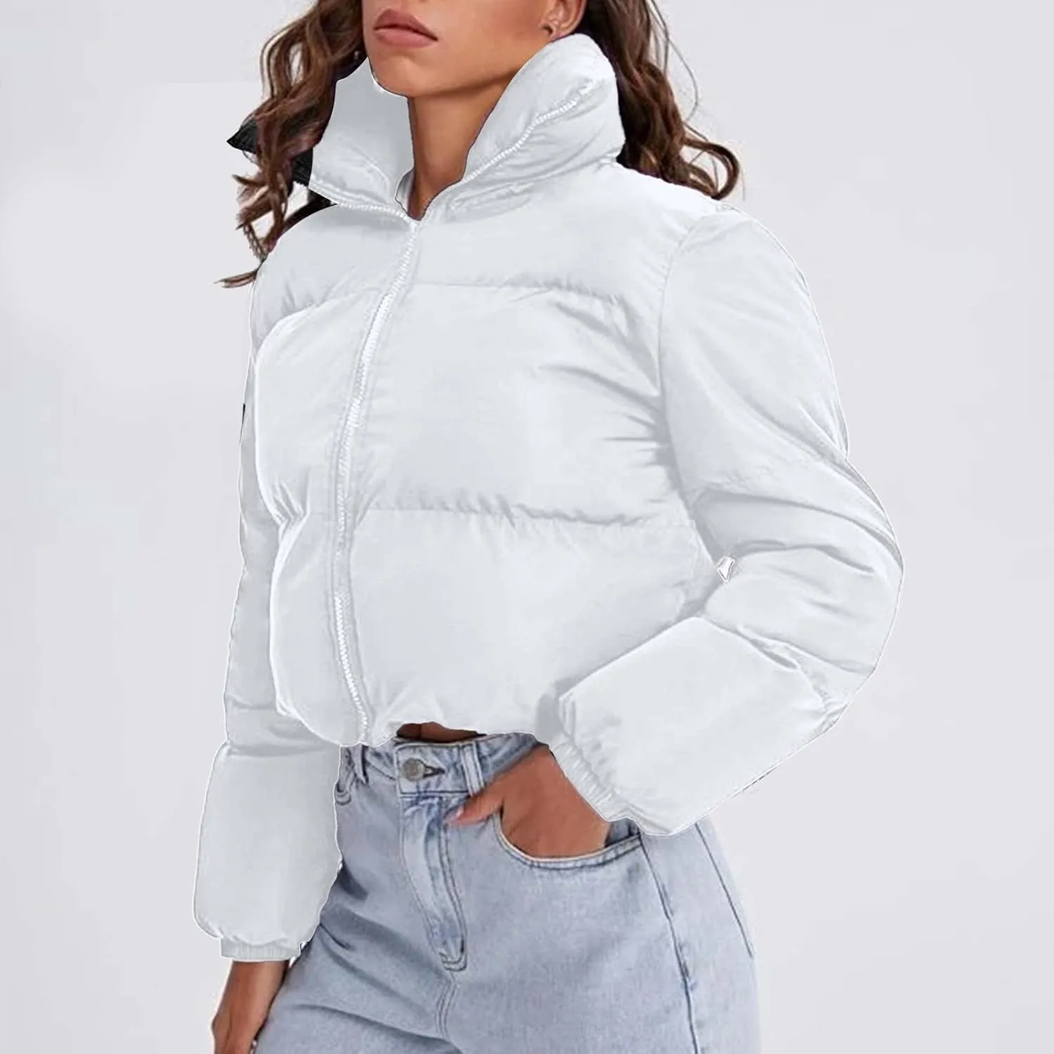 Women's Cropped Puffer Jacket 2024 Winter Long Sleeve Zip Parkas Pockets Baggy Short Down Coats Warm Quilted Jacket