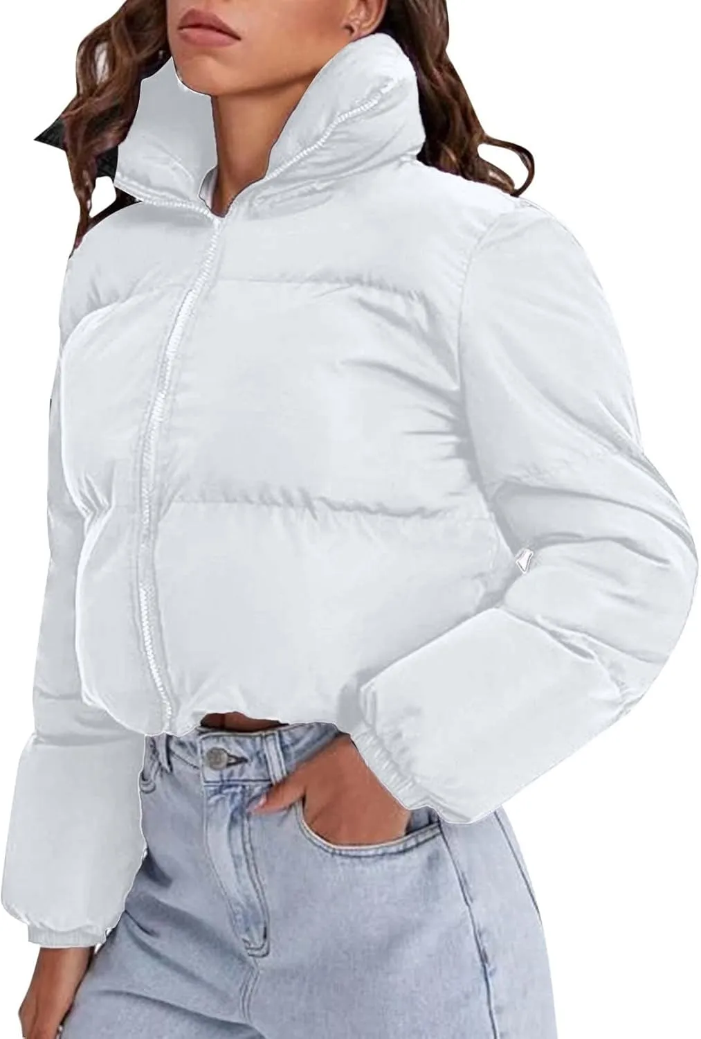 Women's Cropped Puffer Jacket 2024 Winter Long Sleeve Zip Parkas Pockets Baggy Short Down Coats Warm Quilted Jacket