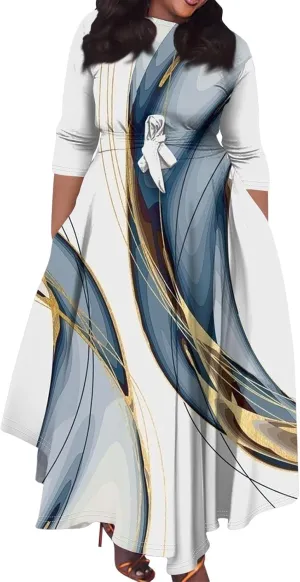 Women's Cruise Outfits 2025 Summer Casual Loose Trendy Round Neck 3/4 Sleeve Solid Floral Print Maxi Dress Plus Size, XL-5XL