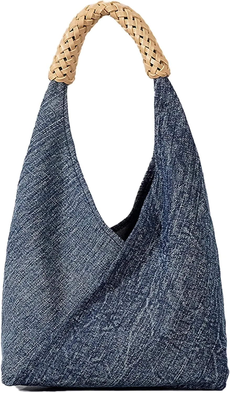 Women's Denim Handmade Braided Handbag Retro Casual Top Handle Large Capacity Shoulder Hobo Bag With wallet