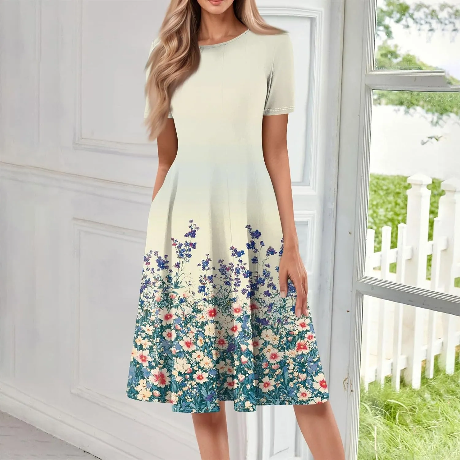 Womens Dresses 2025 Summer Crewneck Short Sleeve Cinch Waist A Line Dress Side Pockets Midi Sun Dress Vacation