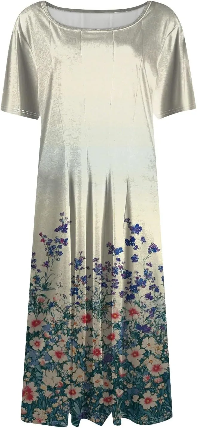 Womens Dresses 2025 Summer Crewneck Short Sleeve Cinch Waist A Line Dress Side Pockets Midi Sun Dress Vacation