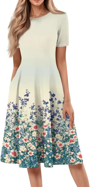 Womens Dresses 2025 Summer Crewneck Short Sleeve Cinch Waist A Line Dress Side Pockets Midi Sun Dress Vacation
