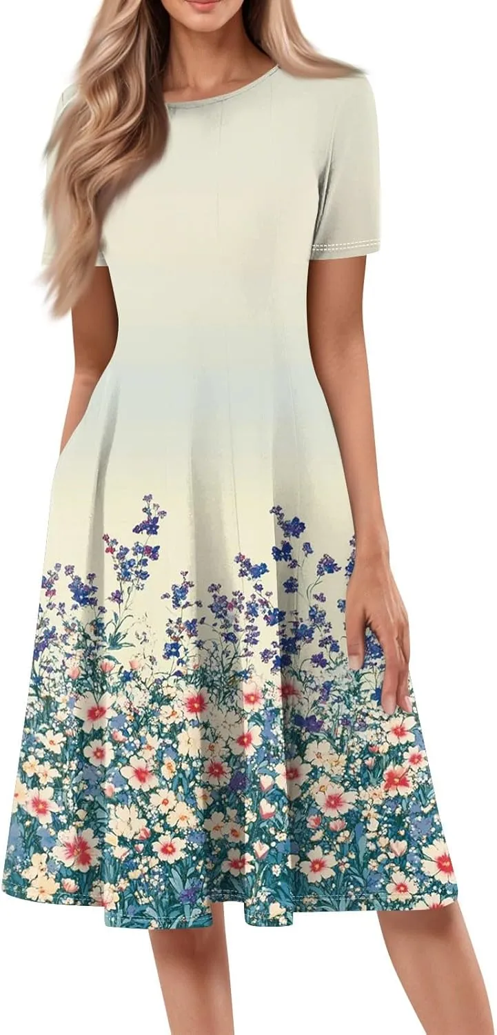 Womens Dresses 2025 Summer Crewneck Short Sleeve Cinch Waist A Line Dress Side Pockets Midi Sun Dress Vacation