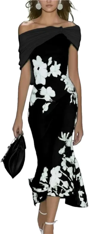 Women's Dresses Off Shoulder Floral Print Maxi Dress Slim Fit Fishtail Skirt with Cross Pleats Design