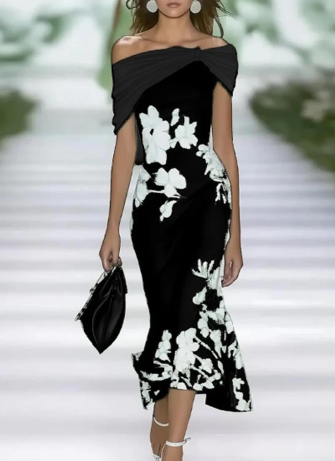 Women's Dresses Off Shoulder Floral Print Maxi Dress Slim Fit Fishtail Skirt with Cross Pleats Design