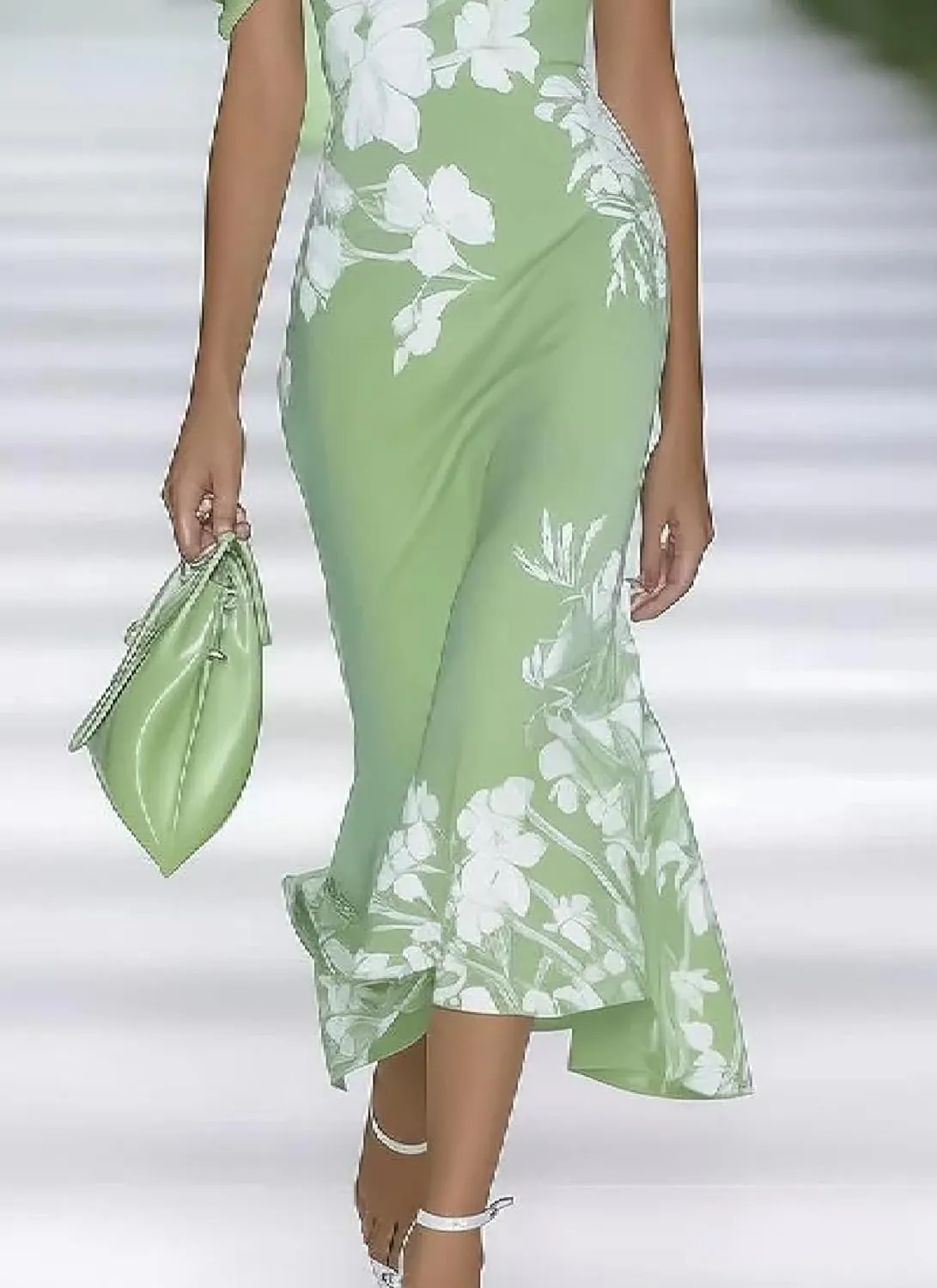 Women's Dresses Off Shoulder Floral Print Maxi Dress Slim Fit Fishtail Skirt with Cross Pleats Design