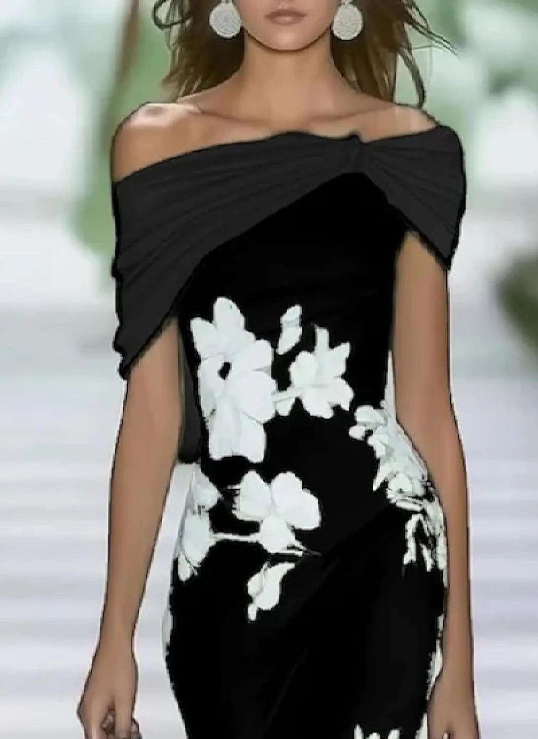 Women's Dresses Off Shoulder Floral Print Maxi Dress Slim Fit Fishtail Skirt with Cross Pleats Design
