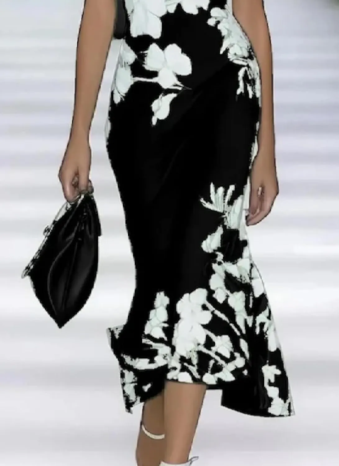 Women's Dresses Off Shoulder Floral Print Maxi Dress Slim Fit Fishtail Skirt with Cross Pleats Design