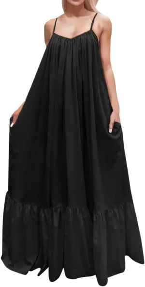Womens Elegant Sleeveless Color Block Pleated Maxi Dress Low Cut Patchwork Swing Dress High Waist A Line Flowy Sling Dress