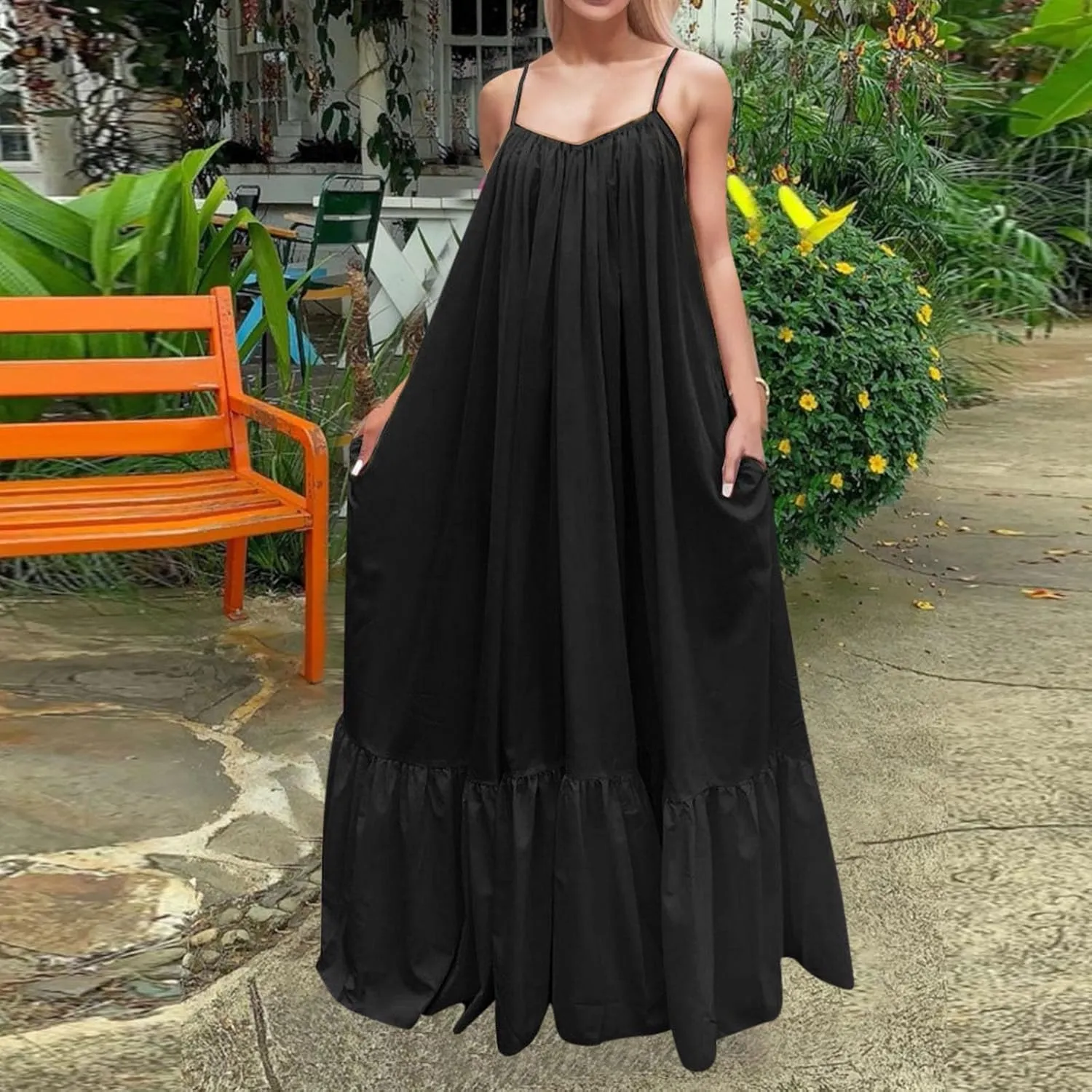 Womens Elegant Sleeveless Color Block Pleated Maxi Dress Low Cut Patchwork Swing Dress High Waist A Line Flowy Sling Dress
