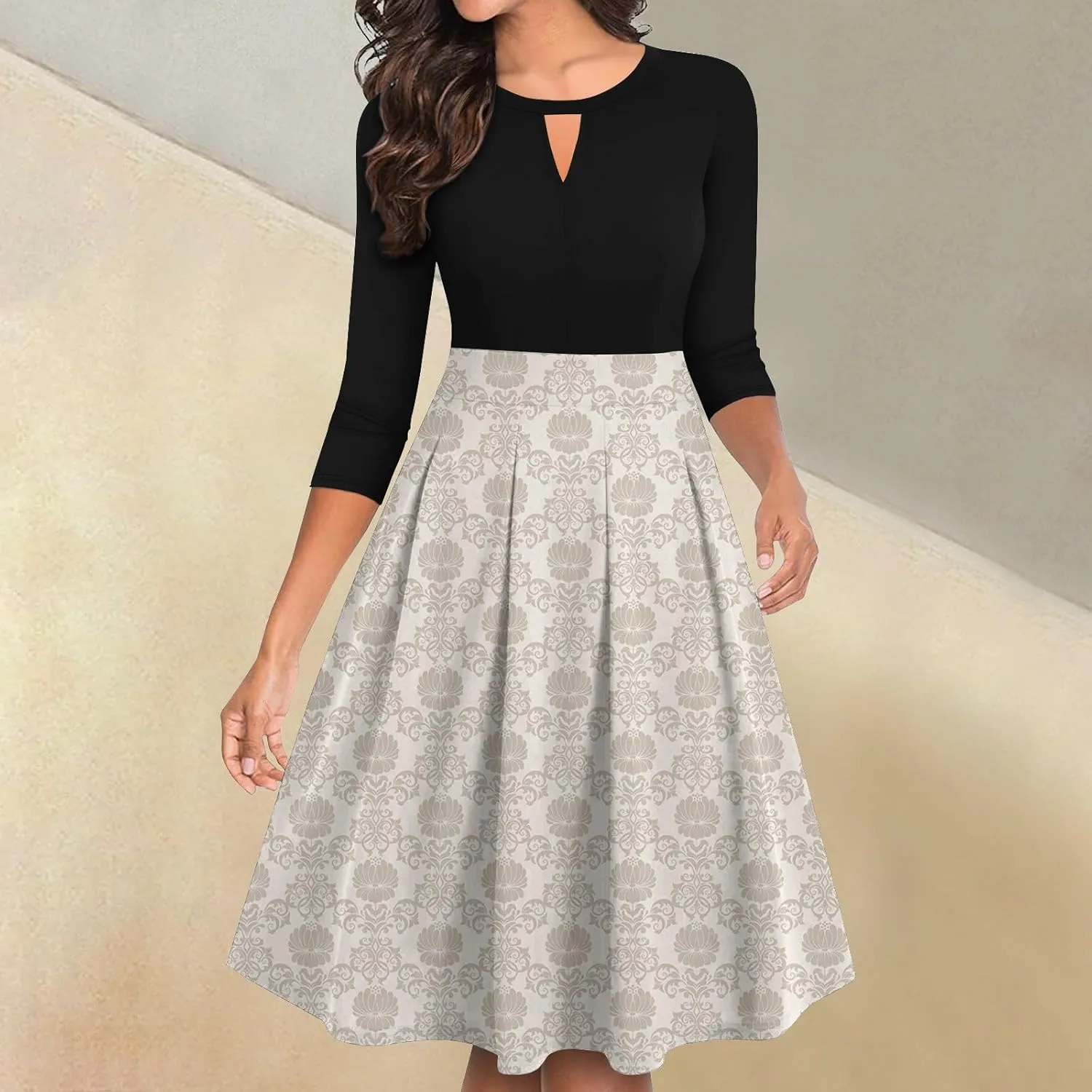 Women's Fall Trendy 3/4 Flared Sleeve V-Neck Elegant Floral A Line Party Dresses