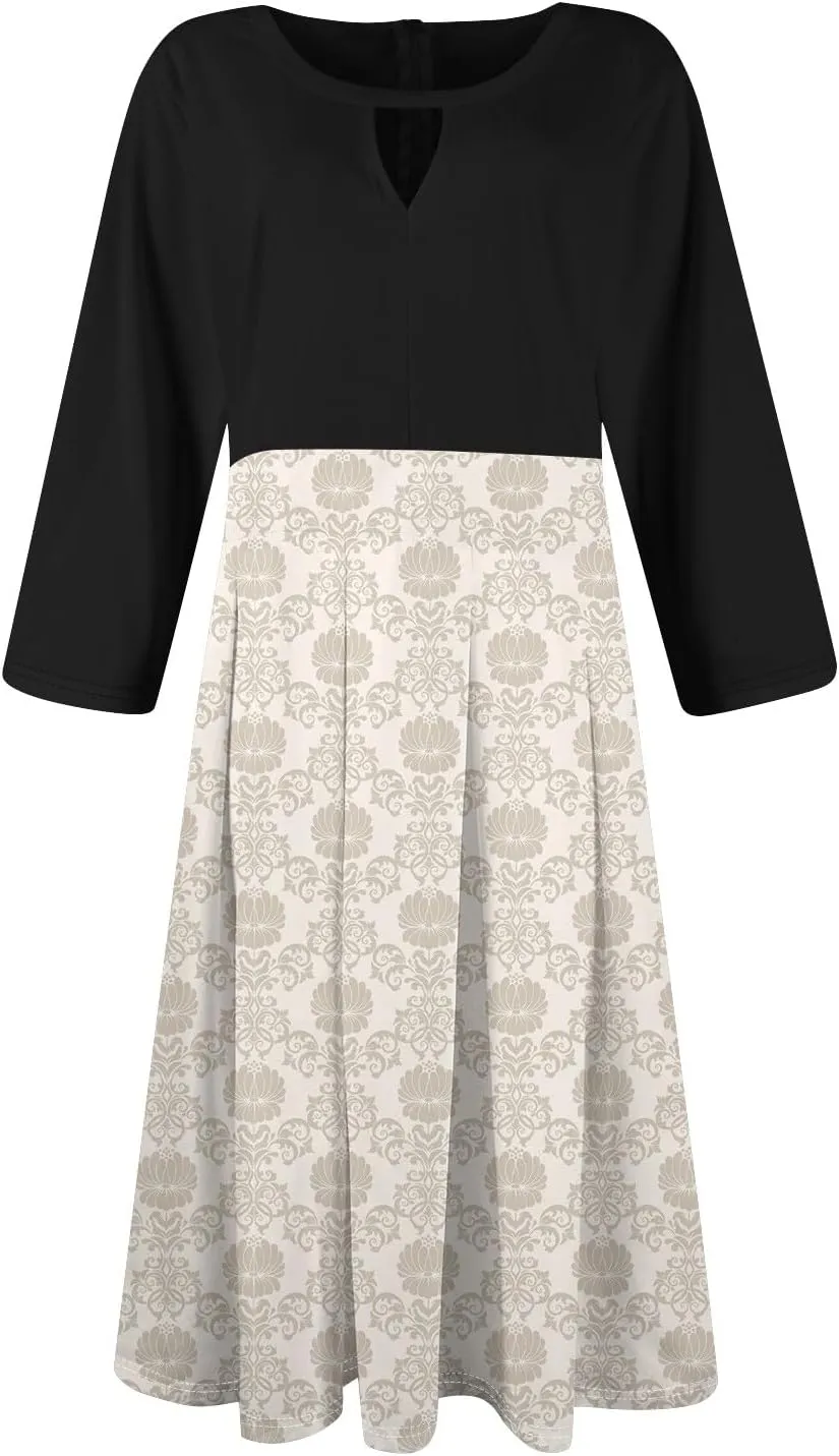 Women's Fall Trendy 3/4 Flared Sleeve V-Neck Elegant Floral A Line Party Dresses