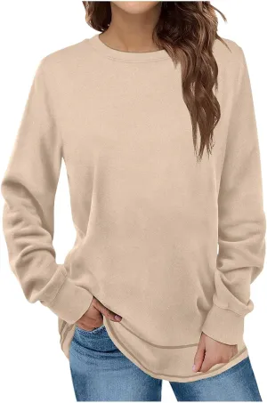 Womens Fashion Sweatshirt Fitted Hoodies Round Neck Long Sleeves Casual Loose Blouse Solid Color Tops Pullover