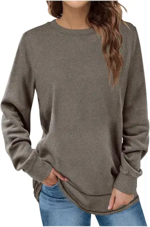 Womens Fashion Sweatshirt Fitted Hoodies Round Neck Long Sleeves Casual Loose Blouse Solid Color Tops Pullover