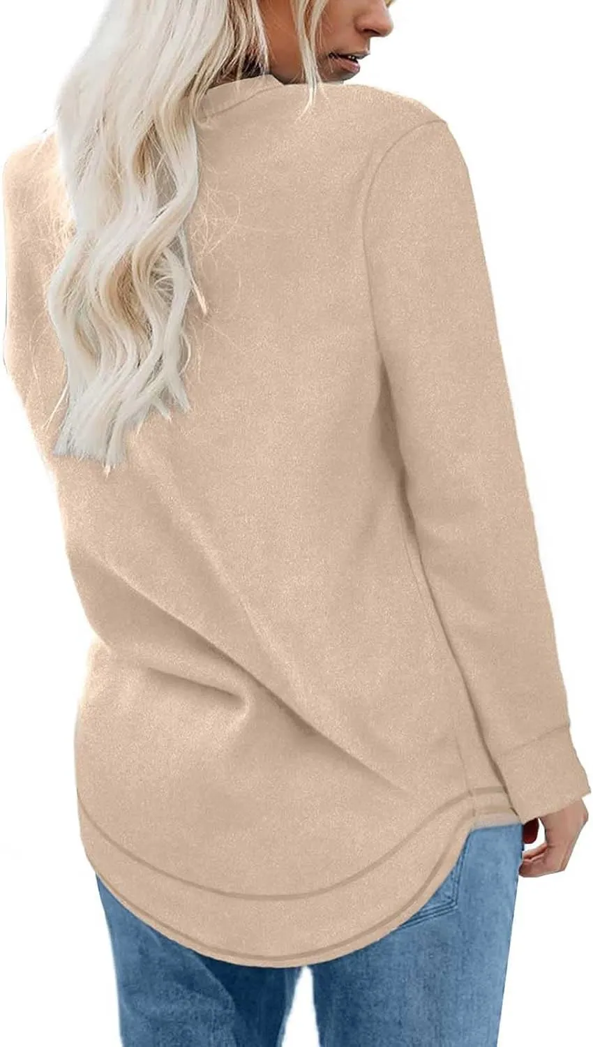 Womens Fashion Sweatshirt Fitted Hoodies Round Neck Long Sleeves Casual Loose Blouse Solid Color Tops Pullover