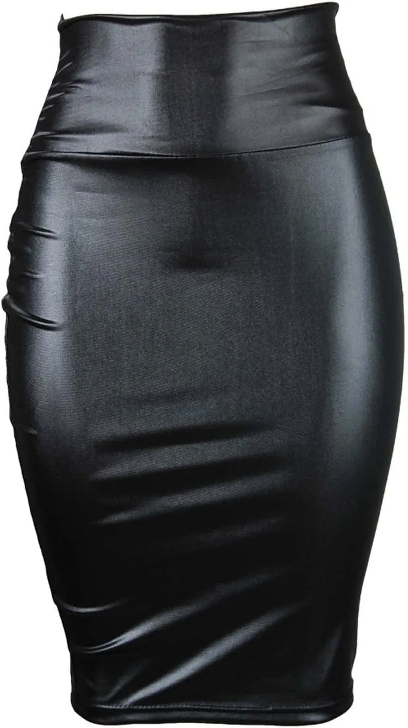 Womens Faux Leather Skirt Trendy High Waisted Pencil Skirts Midi Below Knee Bodycon Skirt Dressy Work Business Skirts