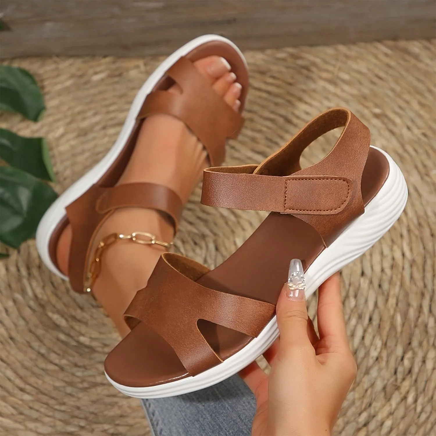 Womens Flat Sandals Comfortable leather orthopedic arch support sandals Summer Slip On Dress Shoes Lightweight Walking Shoes