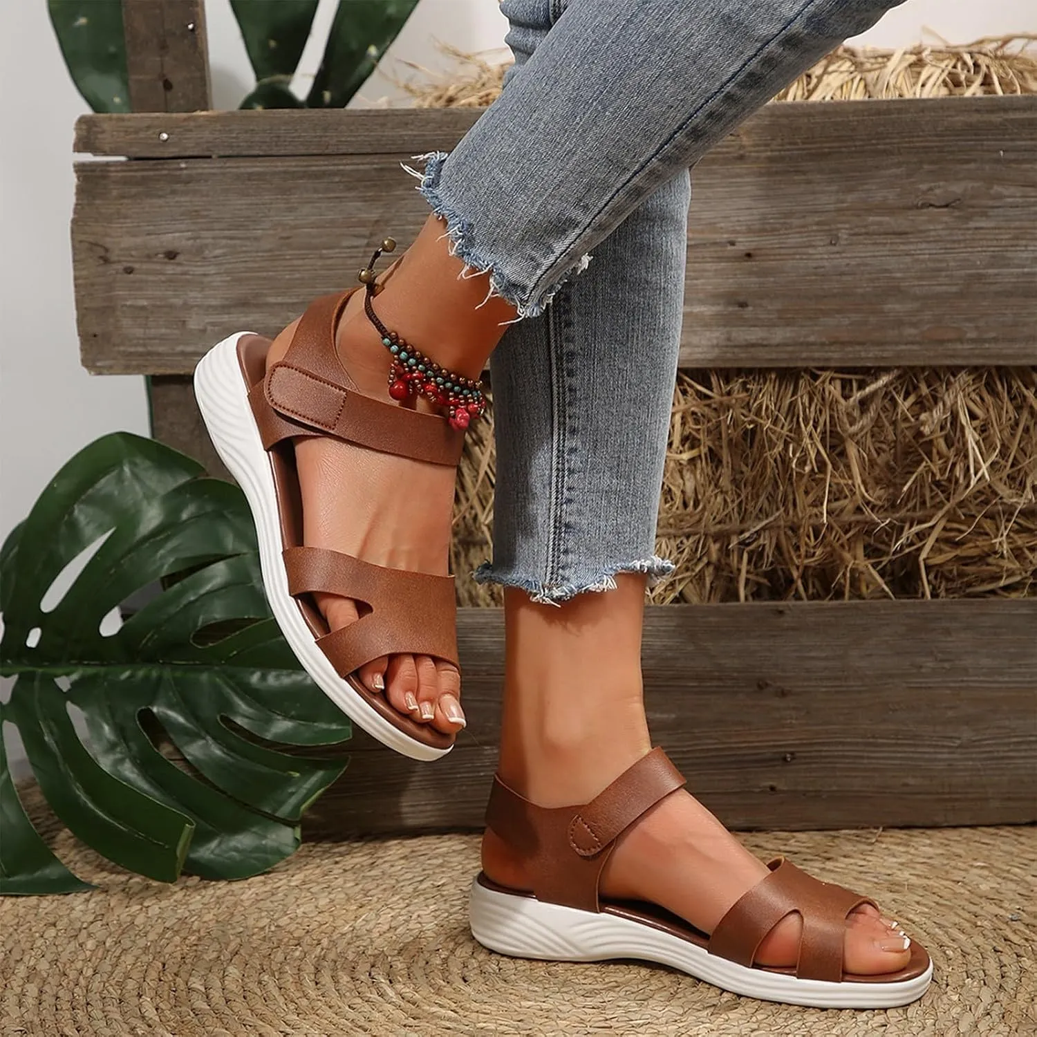 Womens Flat Sandals Comfortable leather orthopedic arch support sandals Summer Slip On Dress Shoes Lightweight Walking Shoes
