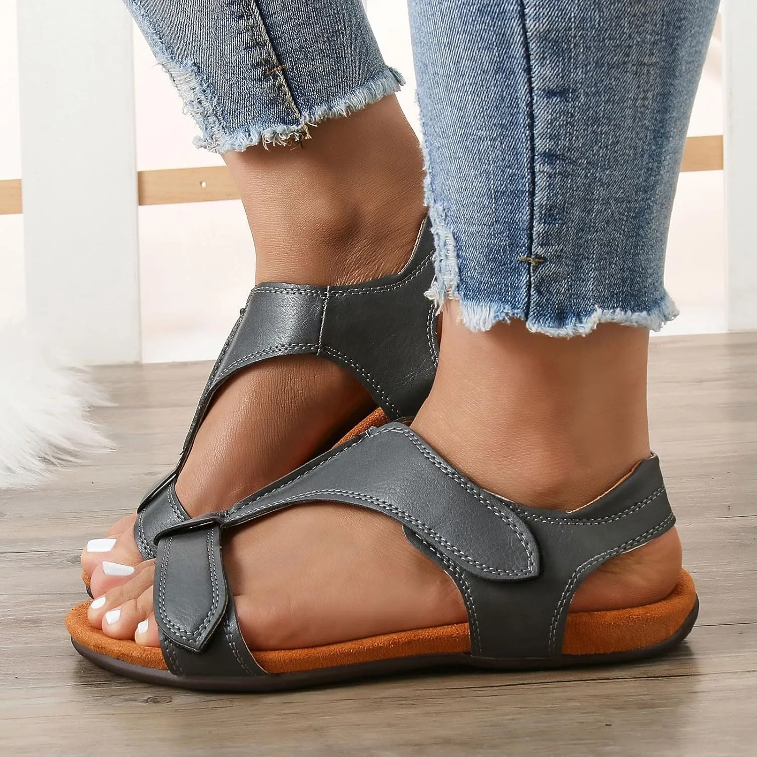 Womens Flats Leather Sandals Comfortable Adjustable Fit Summer Casual Walking Dress Elegant Shoes Fashion Vacation Formal Sandals