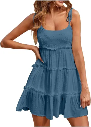 Womens Floral Mini Dress Boho Flowy Skater Spaghetti Strap Ruffle Sleeveless Beach Dress 2024 Summer Sundresses