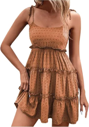 Womens Floral Mini Dress Boho Flowy Skater Spaghetti Strap Ruffle Sleeveless Beach Dress 2024 Summer Sundresses
