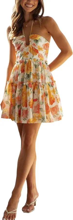 Womens Halter Neck Floral Mini Dress Sexy Tie Back Sleeveless Backless Tiered Mini Dress A Line Beach Sundress
