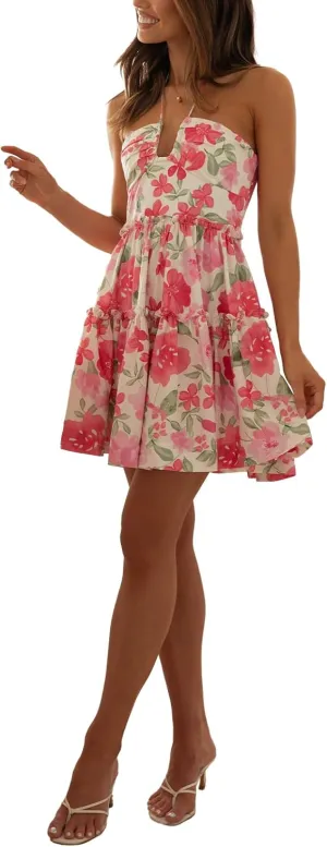 Womens Halter Neck Floral Mini Dress Sexy Tie Back Sleeveless Backless Tiered Mini Dress A Line Beach Sundress