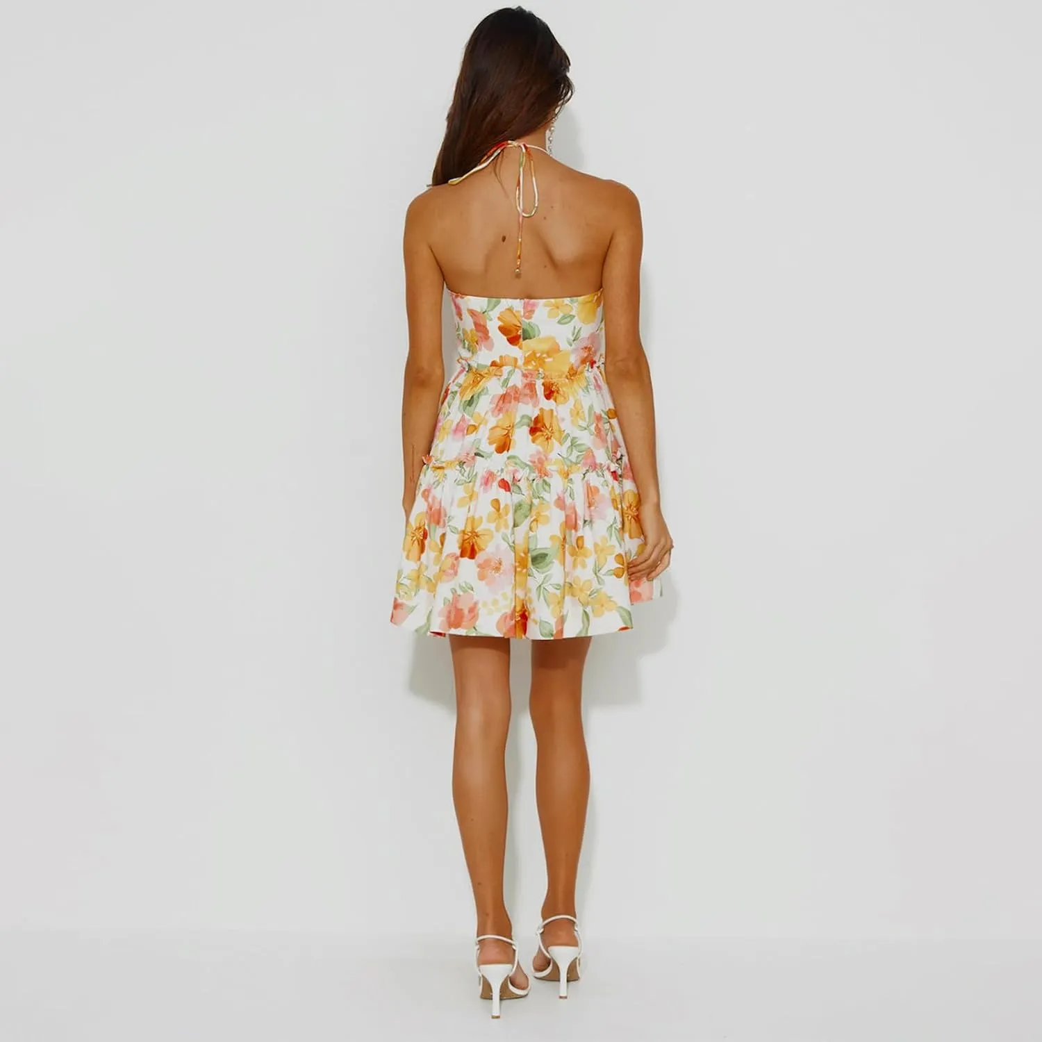 Womens Halter Neck Floral Mini Dress Sexy Tie Back Sleeveless Backless Tiered Mini Dress A Line Beach Sundress