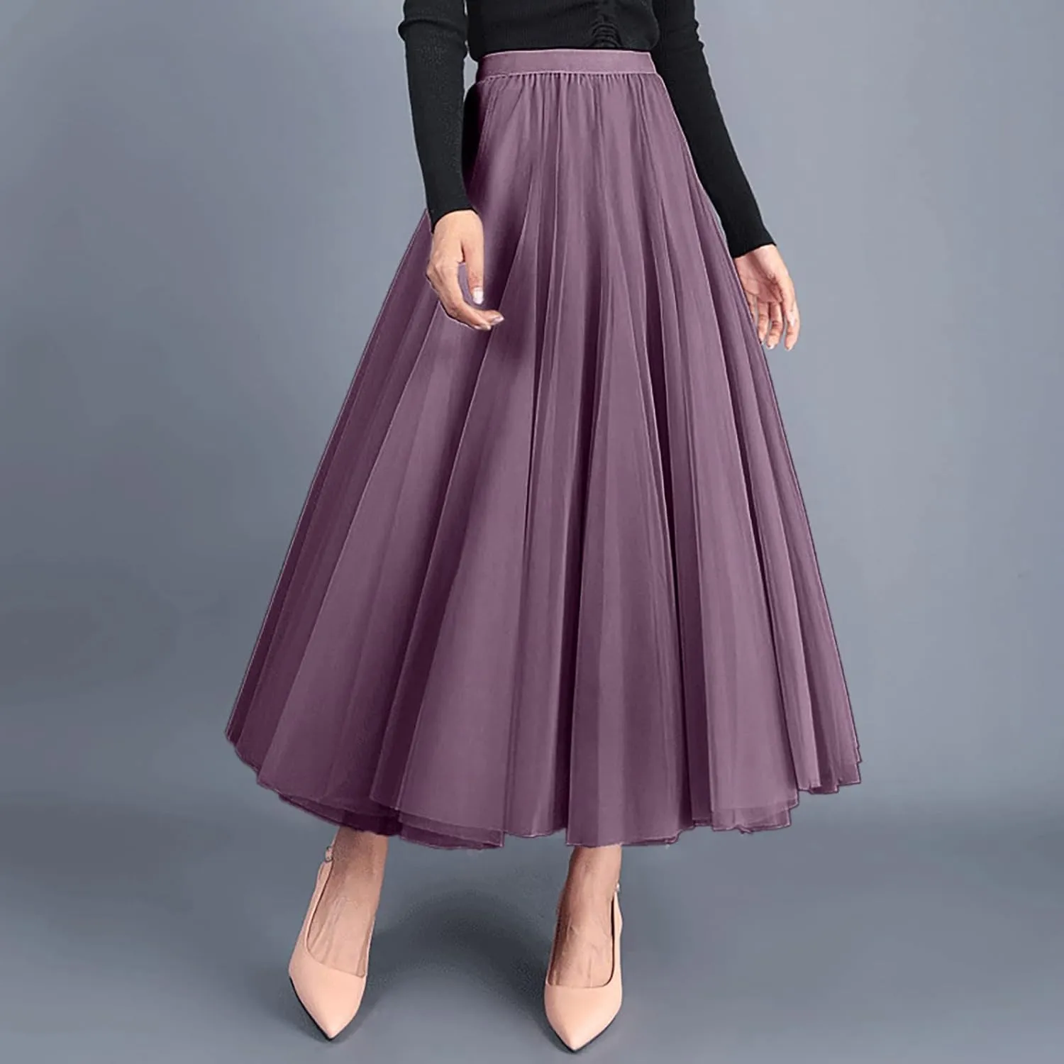 Women's High Waist A Line Skirts Women's Tulle Layered Skirt Mesh Pleated Midi Skirts Draped High Waist Elegant