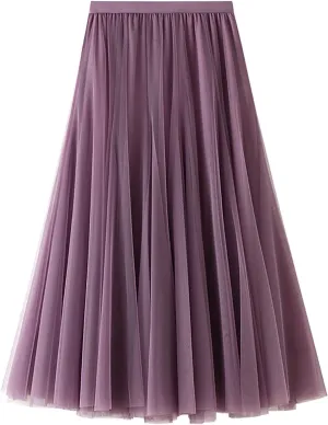 Women's High Waist A Line Skirts Women's Tulle Layered Skirt Mesh Pleated Midi Skirts Draped High Waist Elegant