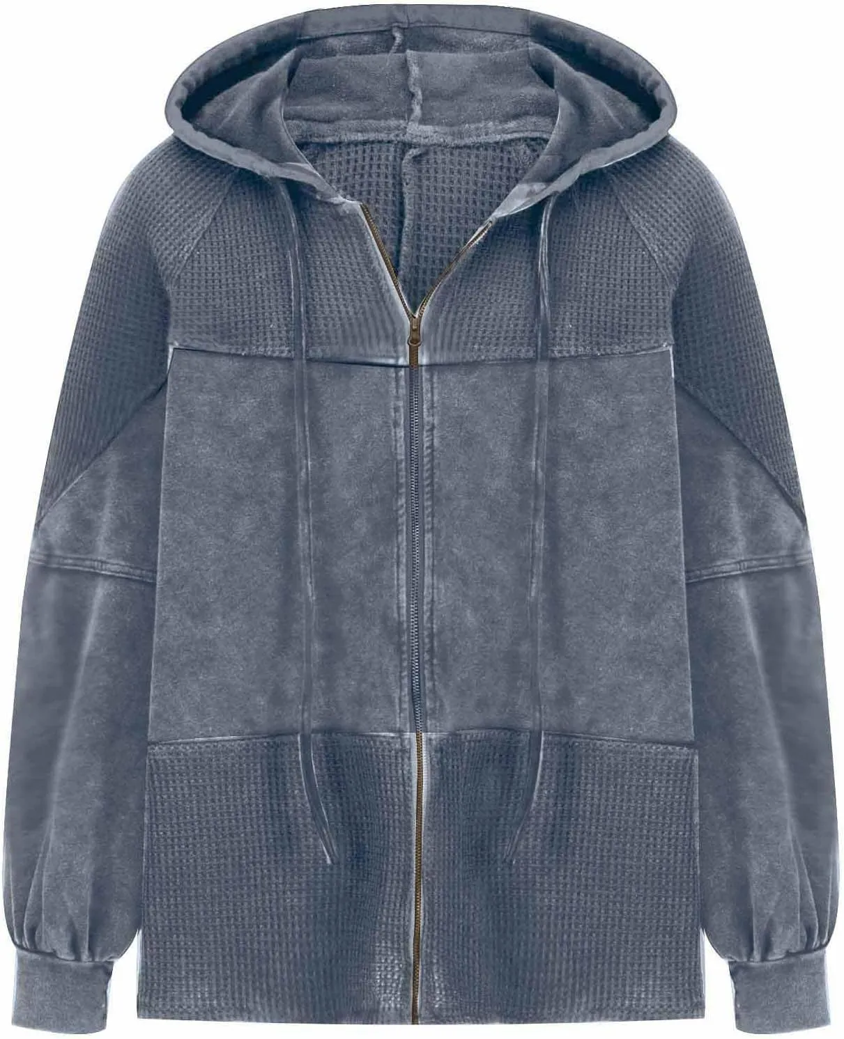 Womens Hoodies Long Sleeve Oversized Sweatshirt Zip Up Waffle Jacket Drawstring Colorblock Patchwork Hoodie Loose Coat