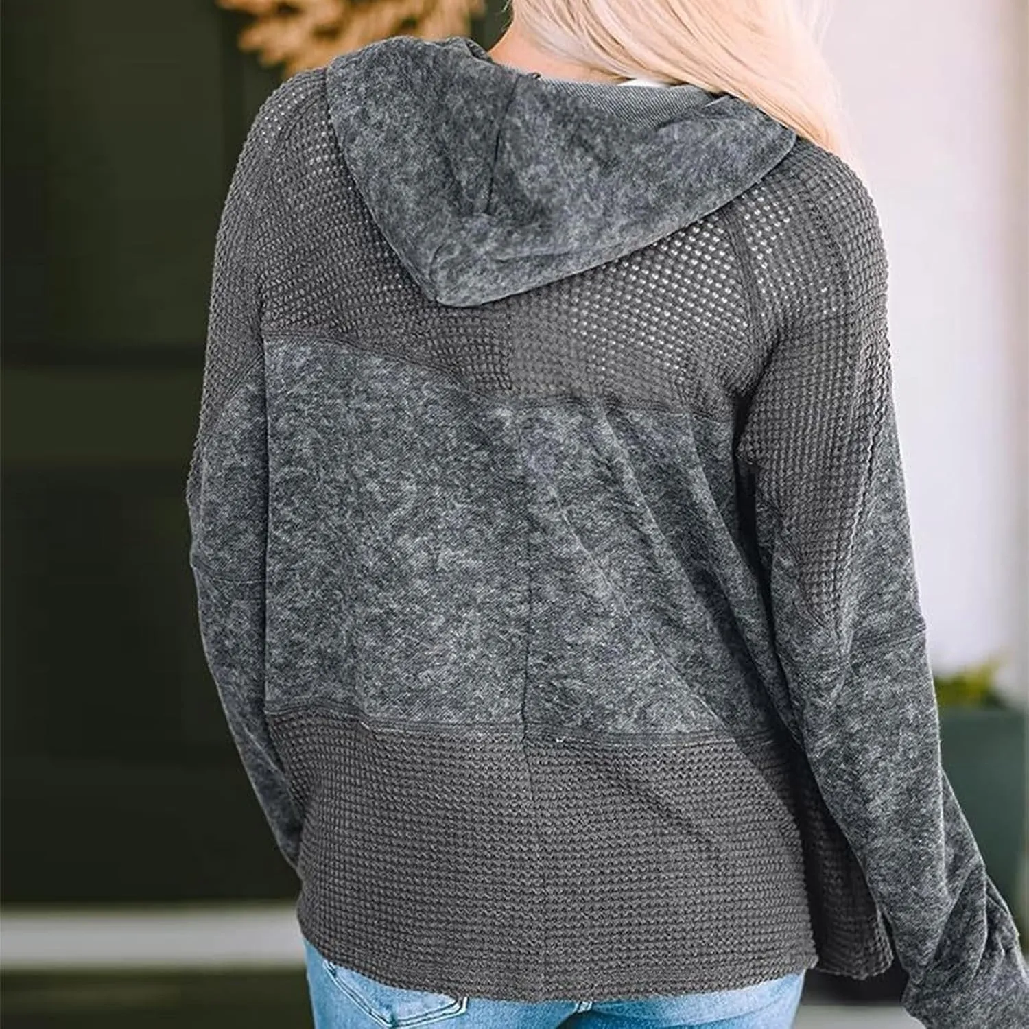 Womens Hoodies Long Sleeve Oversized Sweatshirt Zip Up Waffle Jacket Drawstring Colorblock Patchwork Hoodie Loose Coat