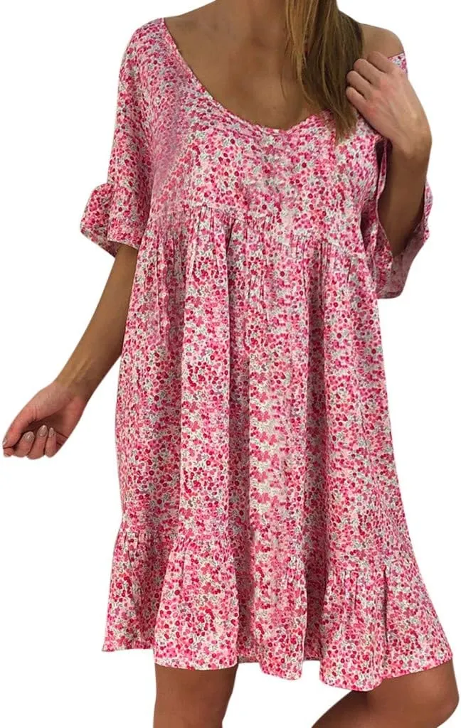 Women's Ladies Sexy Loose Print Hlaf Sleeve Ruffles Mini Dress Summer Dress Bump Friendly Dress