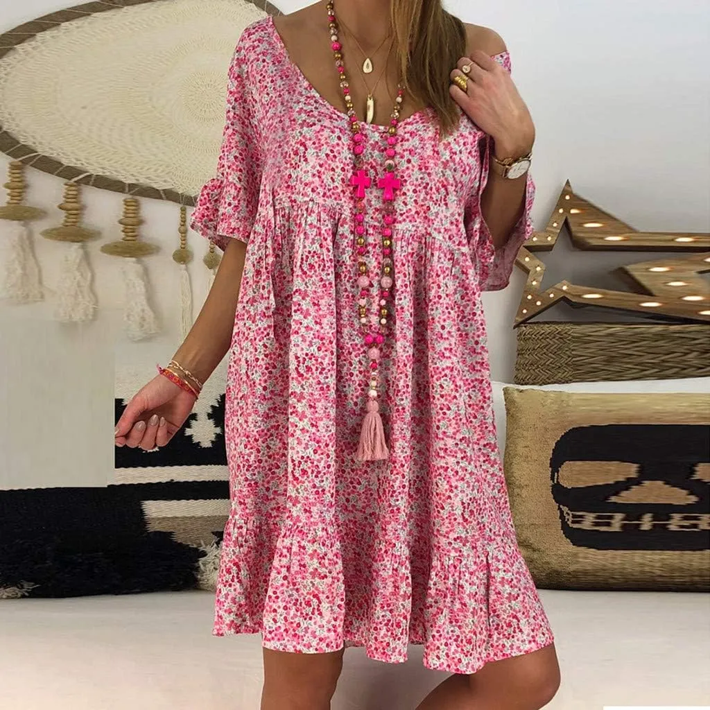 Women's Ladies Sexy Loose Print Hlaf Sleeve Ruffles Mini Dress Summer Dress Bump Friendly Dress