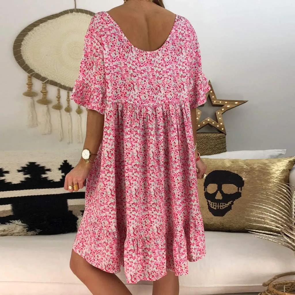 Women's Ladies Sexy Loose Print Hlaf Sleeve Ruffles Mini Dress Summer Dress Bump Friendly Dress