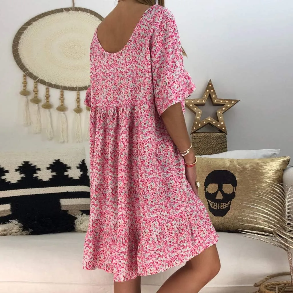 Women's Ladies Sexy Loose Print Hlaf Sleeve Ruffles Mini Dress Summer Dress Bump Friendly Dress