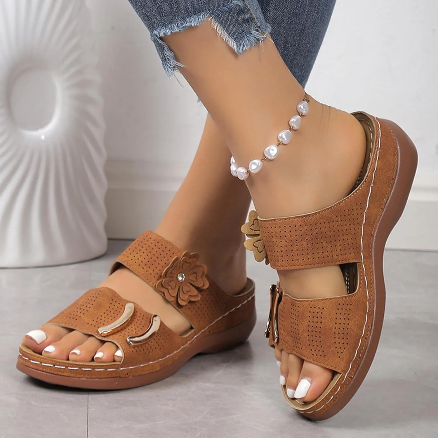 Womens Leather Flat Sandals Slide Casual Sandals with Arch Support Adjustable Hook and Loop Straps Slip-On Shoes
