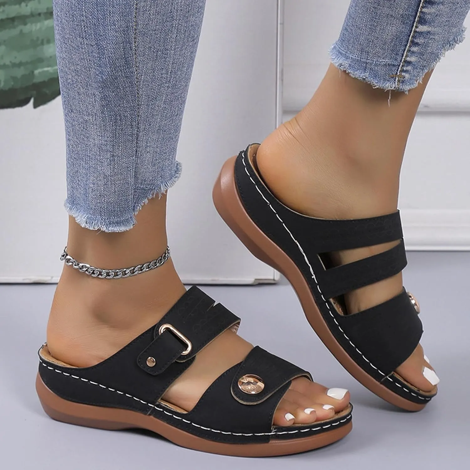 Womens Leather Flat Sandals Slide Casual Sandals with Arch Support Adjustable Hook and Loop Straps Slip-On Shoes