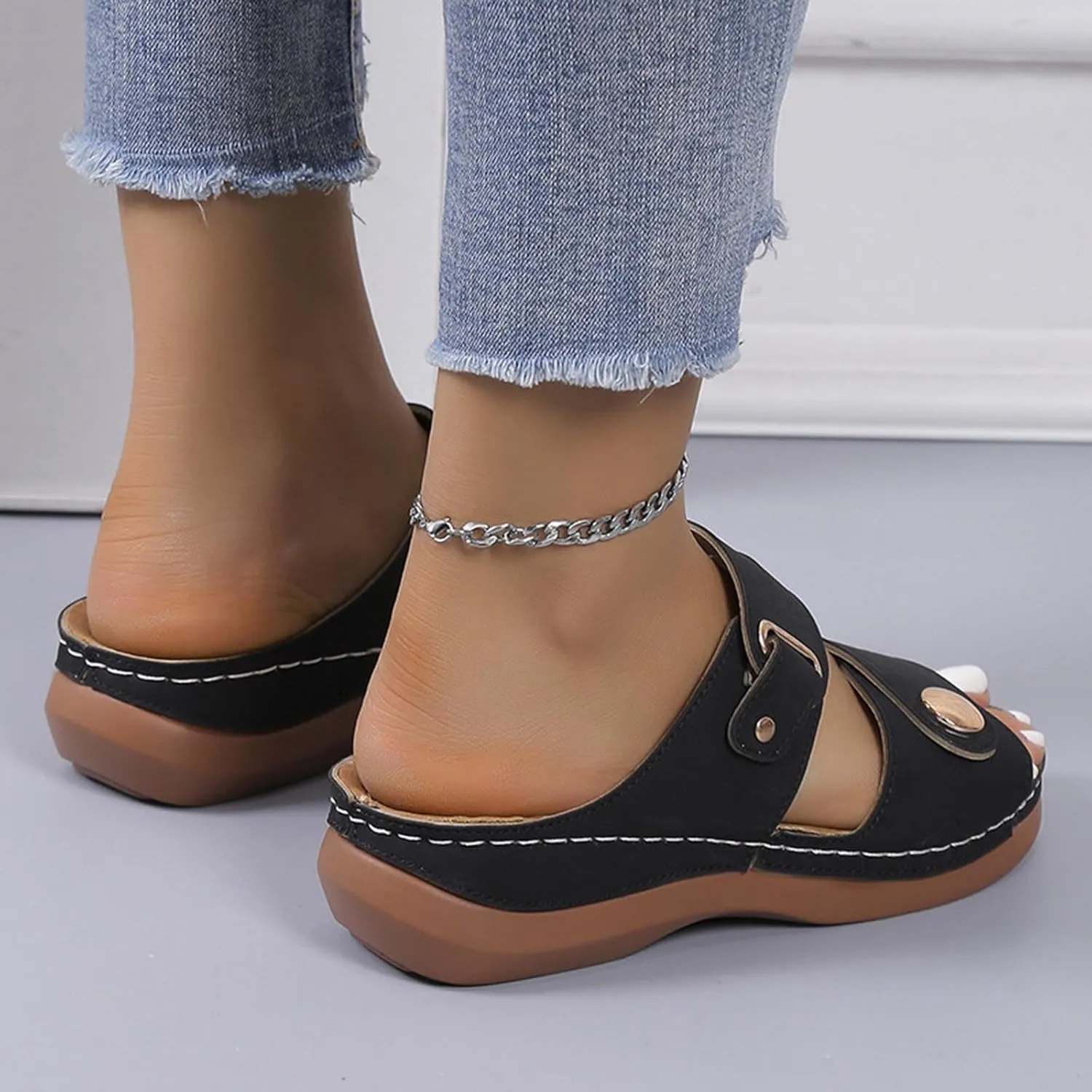 Womens Leather Flat Sandals Slide Casual Sandals with Arch Support Adjustable Hook and Loop Straps Slip-On Shoes