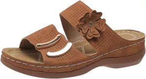 Womens Leather Flat Sandals Slide Casual Sandals with Arch Support Adjustable Hook and Loop Straps Slip-On Shoes