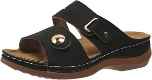 Womens Leather Flat Sandals Slide Casual Sandals with Arch Support Adjustable Hook and Loop Straps Slip-On Shoes