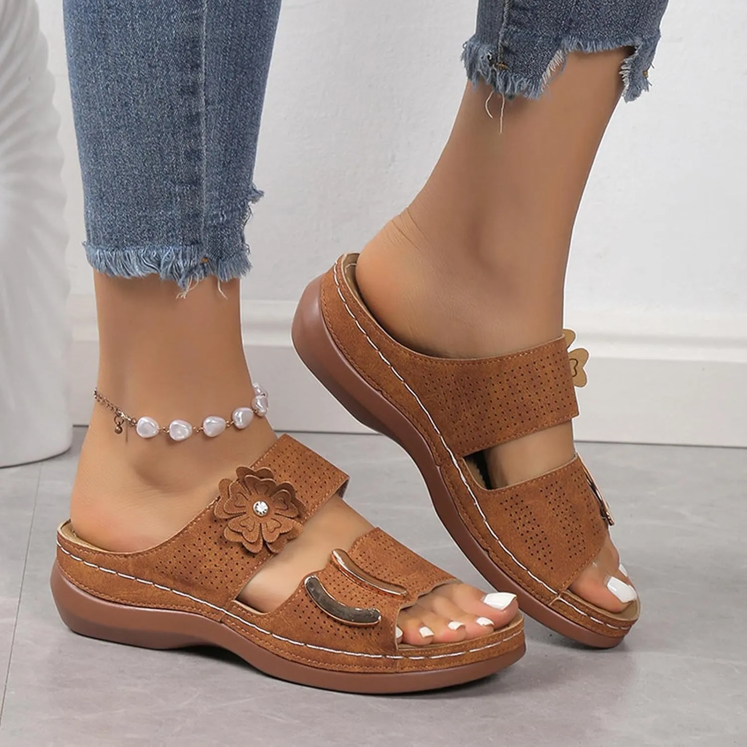 Womens Leather Flat Sandals Slide Casual Sandals with Arch Support Adjustable Hook and Loop Straps Slip-On Shoes