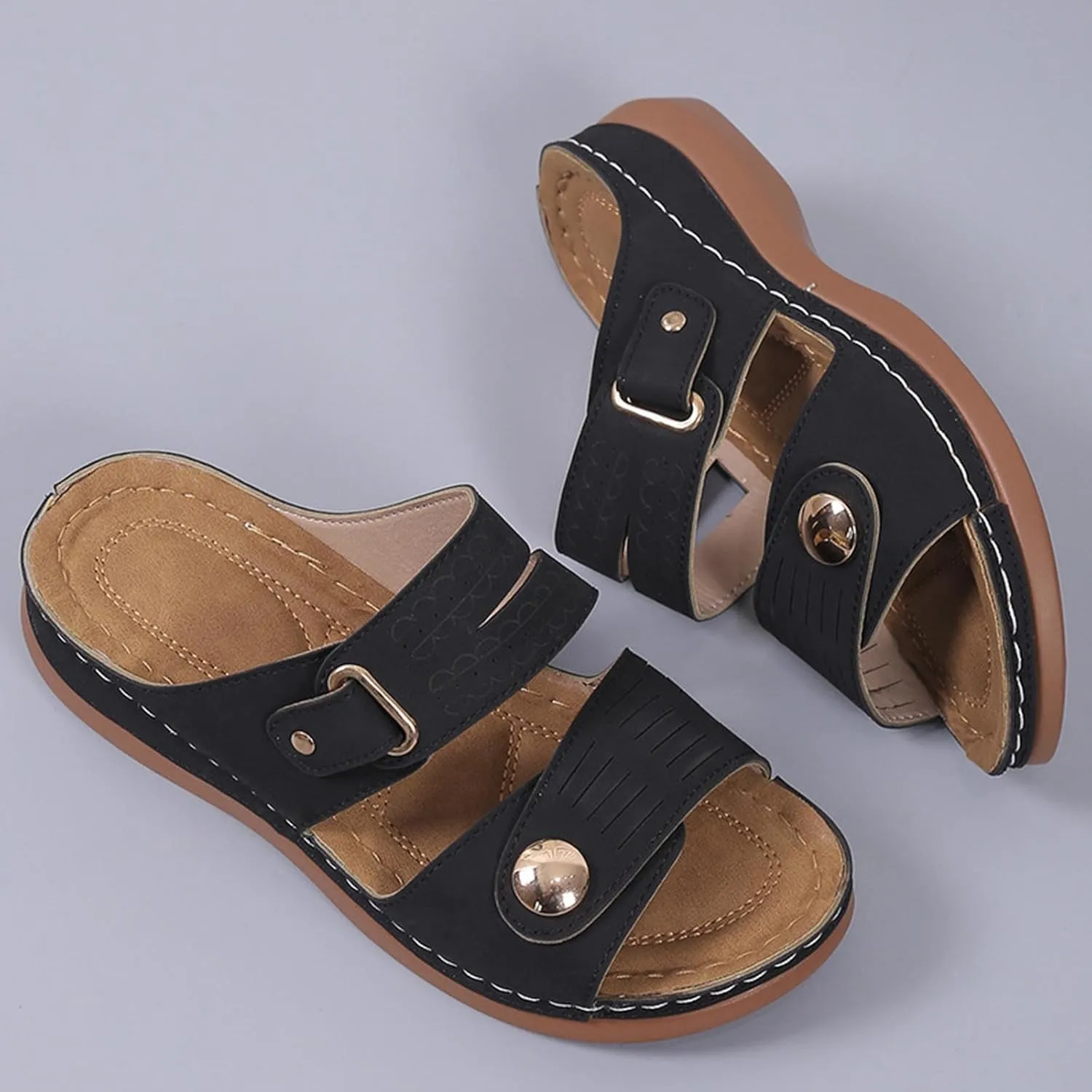 Womens Leather Flat Sandals Slide Casual Sandals with Arch Support Adjustable Hook and Loop Straps Slip-On Shoes