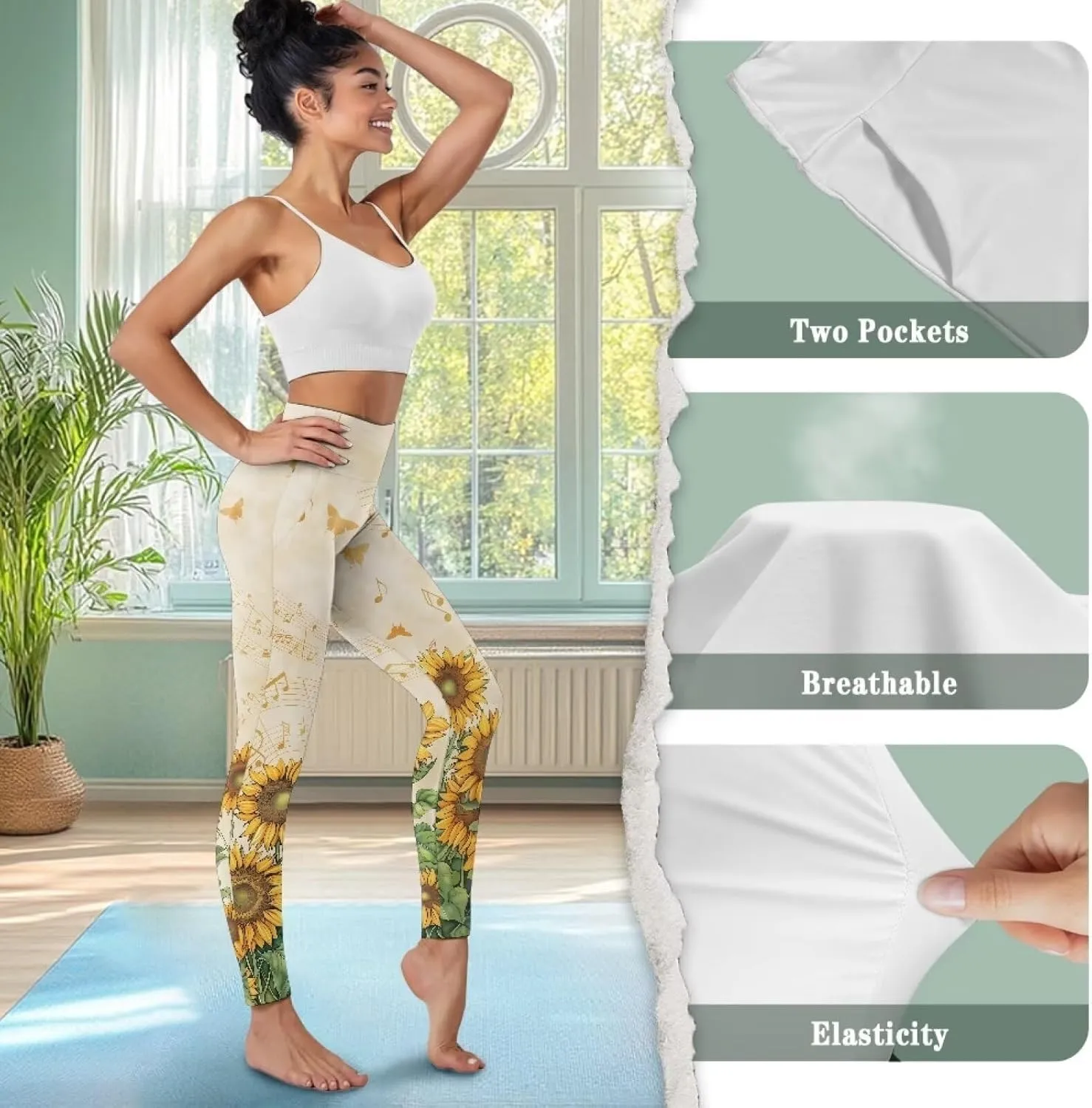 Womens Leggings Yoga Pants with Pockets High Waisted Yoga Leggings Tummy Control Breathable Workout Yoga Trousers