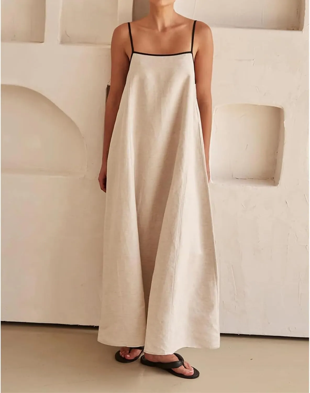Womens Linen Maxi Dress Spaghetti Straps Backless Sleeveless Sundress Summer Flowy Dresses Beach Vacation Dress
