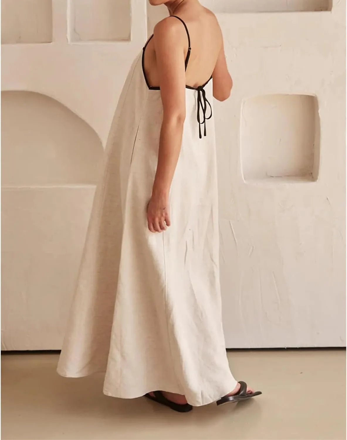 Womens Linen Maxi Dress Spaghetti Straps Backless Sleeveless Sundress Summer Flowy Dresses Beach Vacation Dress